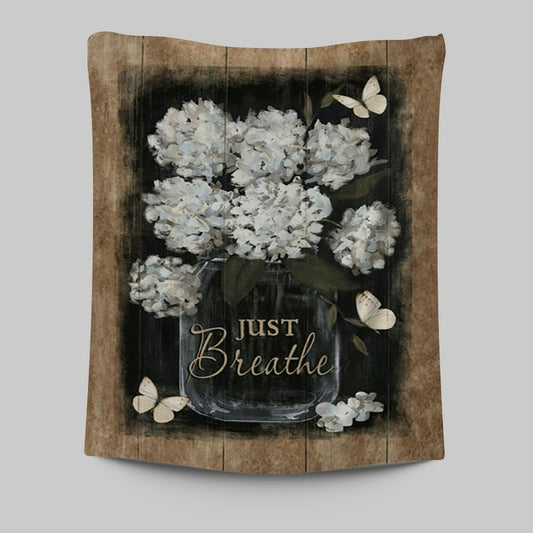 Flower White Butterfly Vintage Painting - Just Breathe Tapestry Wall Art - Christian Tapestries Prints - Bible Verse Tapestry Art