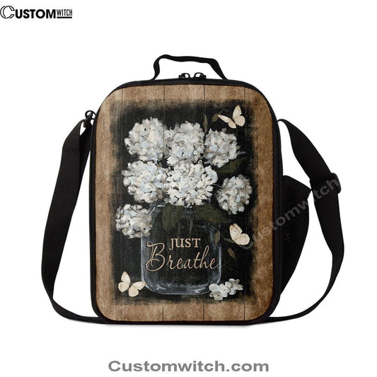 Flower White Butterfly Vintage Painting, Just Breathe Lunch Bag, Christian Lunch Bag, Religious Lunch Box For School, Picnic