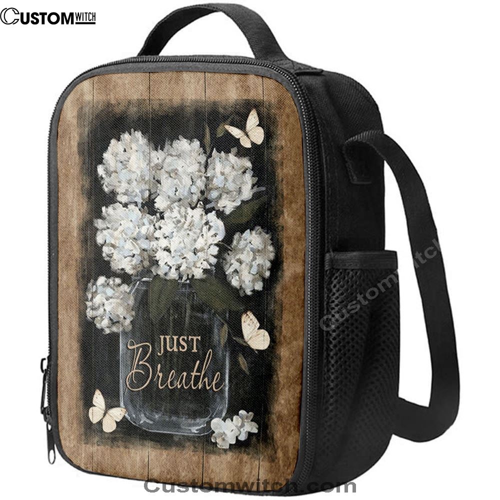 Flower White Butterfly Vintage Painting, Just Breathe Lunch Bag, Christian Lunch Bag, Religious Lunch Box For School, Picnic