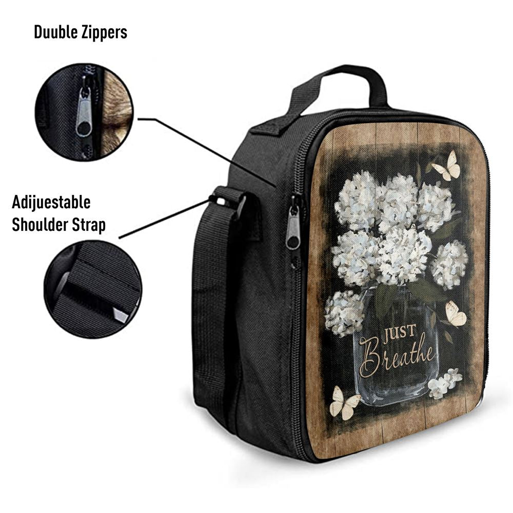 Flower White Butterfly Vintage Painting, Just Breathe Lunch Bag, Christian Lunch Bag, Religious Lunch Box For School, Picnic
