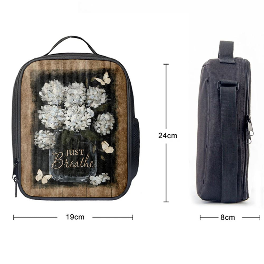 Flower White Butterfly Vintage Painting, Just Breathe Lunch Bag, Christian Lunch Bag, Religious Lunch Box For School, Picnic