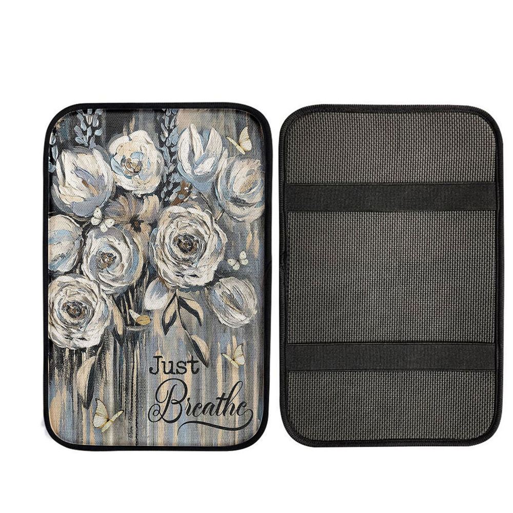 Flower White Rose Pretty Butterfly Just Breathe Car Center Console Cover, Christian Car Accessories