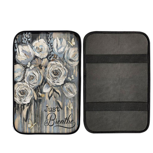 Flower White Rose Pretty Butterfly Just Breathe Car Center Console Cover, Christian Car Accessories