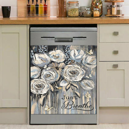 Flower White Rose Pretty Butterfly Just Breathe Dishwasher Cover, Christian Dishwasher Magnet Cover, Bible Verse Kitchen Decor