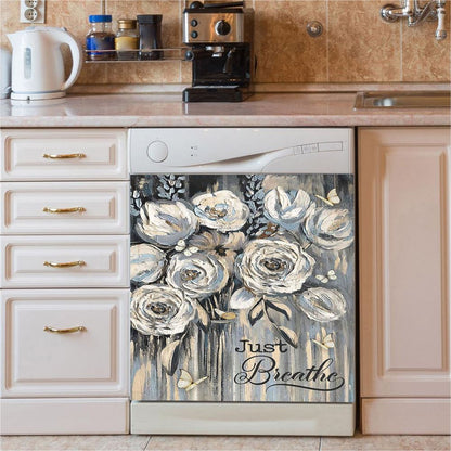 Flower White Rose Pretty Butterfly Just Breathe Dishwasher Cover, Christian Dishwasher Magnet Cover, Bible Verse Kitchen Decor