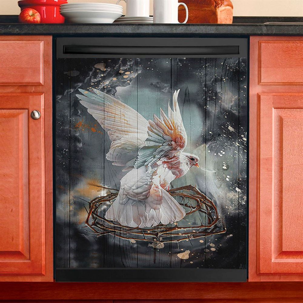 Flying Dove Crown Of Thorn Storm Background Dishwasher Cover, Bible Verse Dishwasher Magnet Cover, Christian Inspirational Kitchen Decor