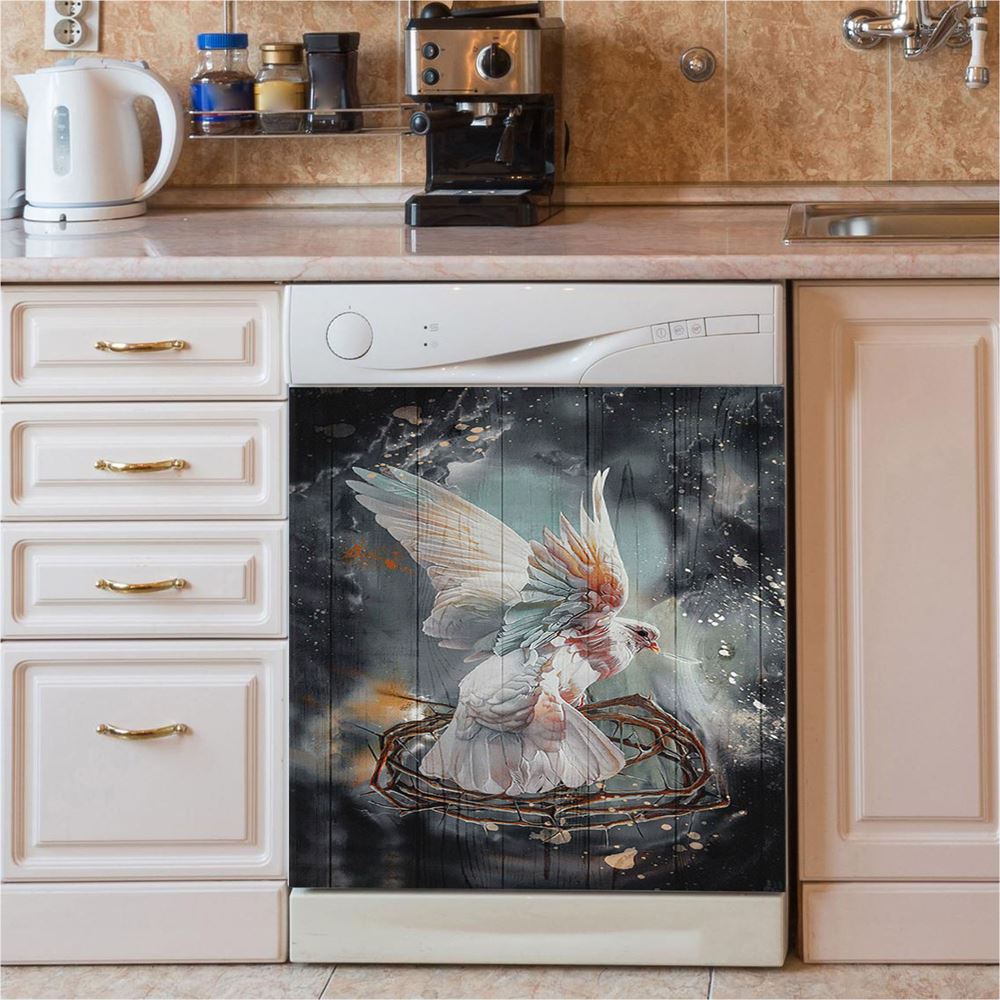 Flying Dove Crown Of Thorn Storm Background Dishwasher Cover, Bible Verse Dishwasher Magnet Cover, Christian Inspirational Kitchen Decor