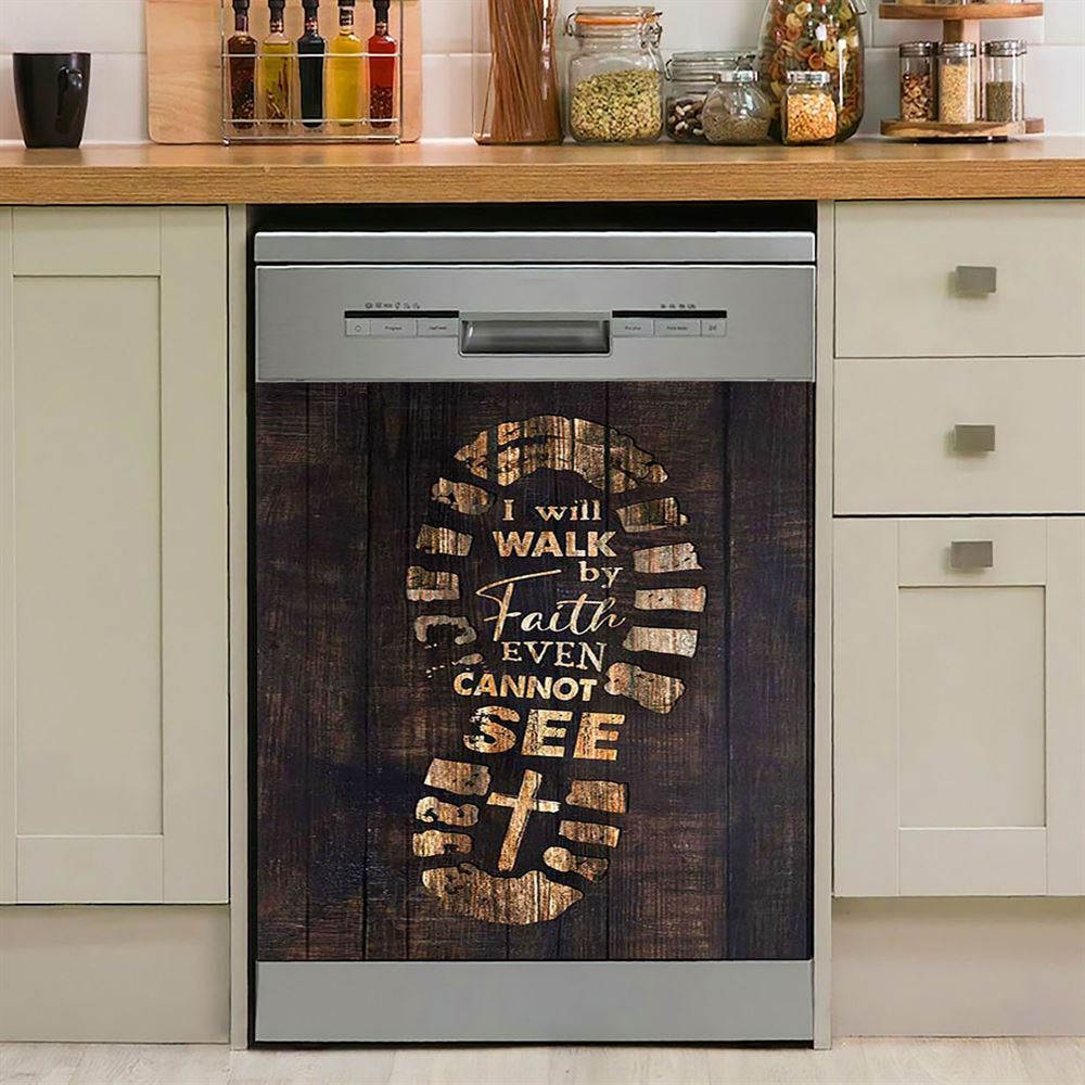 Footprint I Will Walk By Faith Even Cannot See Dishwasher Cover, Bible Verse Dishwasher Magnet Cover, Christian Inspirational Kitchen Decor
