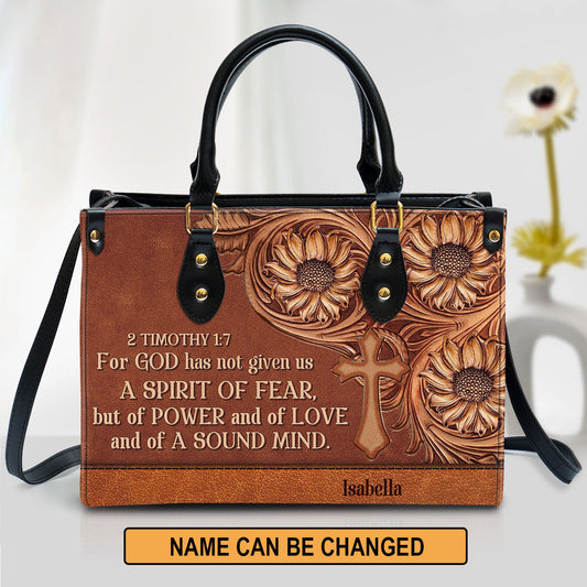 For God Has Given Us A Spirit Of Power And Of Love Leather Bag, Custom Name Cross Leather Handbag, Christian Gifts For Women