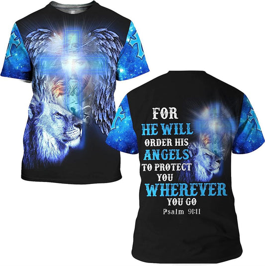 For He Will Order His Angels Lion Cross All Over Print 3D T-Shirt, Gift For Christian, Jesus Shirt