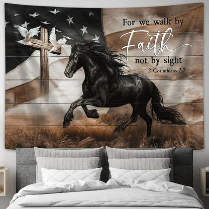 For we walk by faith Black horse Tapestry Wall Art - Bible Verse Tapestry - Religious Tapestry Wall Hanging