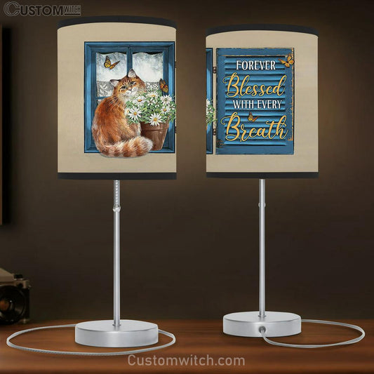 Forever Blessed With Every Breath Brown Cat Daisy Vase Table Lamb Gift - Bible Verse Table Lamb - Religious Bedroom Decor