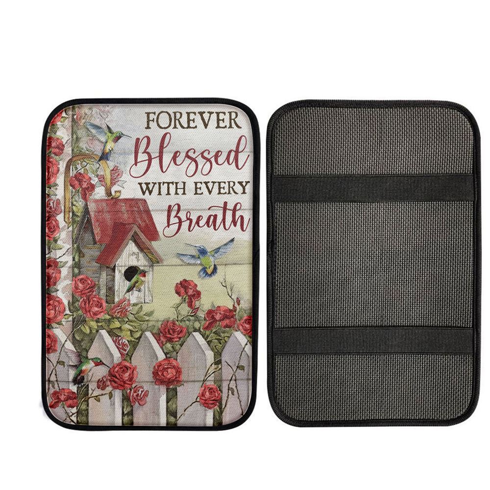 Forever Blessed With Every Breath Red Rose Garden Hummingbird Car Center Console Cover, Christian Car Accessories
