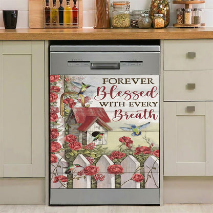 Forever Blessed With Every Breath Red Rose Garden Hummingbird Dishwasher Cover, Christian Dishwasher Magnet Cover, Religious Kitchen Decor