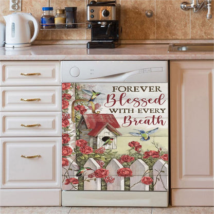 Forever Blessed With Every Breath Red Rose Garden Hummingbird Dishwasher Cover, Christian Dishwasher Magnet Cover, Religious Kitchen Decor