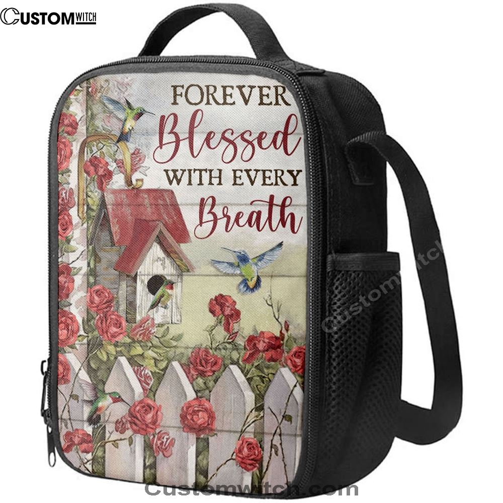 Forever Blessed With Every Breath Red Rose Garden Hummingbird Lunch Bag, Christian Lunch Bag, Religious Lunch Box For School, Picnic