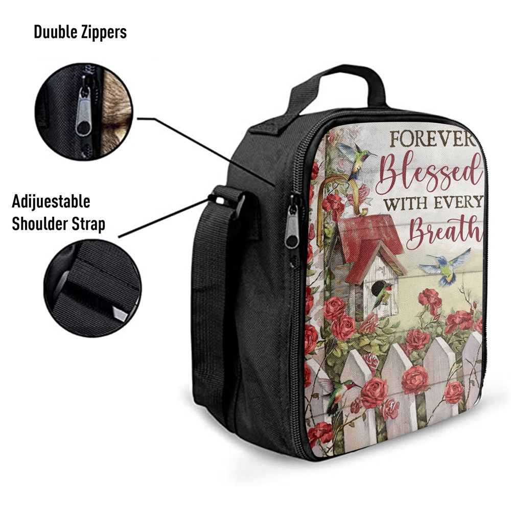 Forever Blessed With Every Breath Red Rose Garden Hummingbird Lunch Bag, Christian Lunch Bag, Religious Lunch Box For School, Picnic