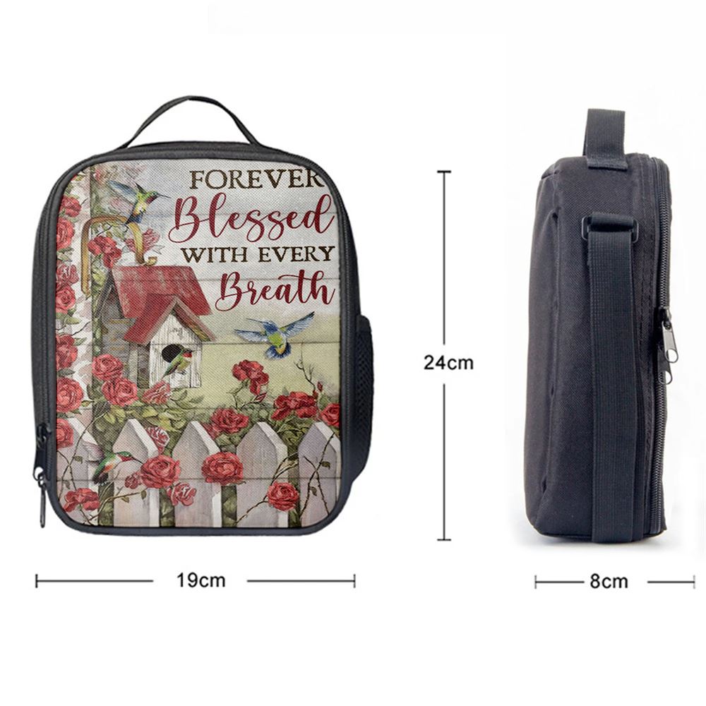 Forever Blessed With Every Breath Red Rose Garden Hummingbird Lunch Bag, Christian Lunch Bag, Religious Lunch Box For School, Picnic