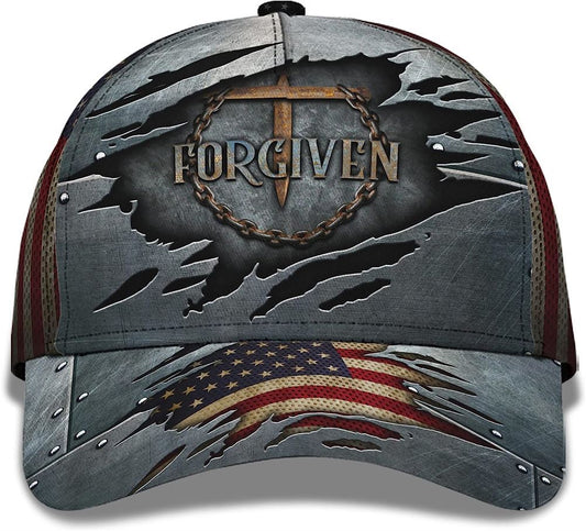 Forgiven Nail Cross With American Flag All Over Print Baseball Cap, God Cap, Gift Ideas For Male