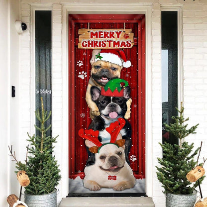 Frenchie Merry Christmas Door Cover, Christmas Garage Door Covers, Christmas Outdoor Decoration