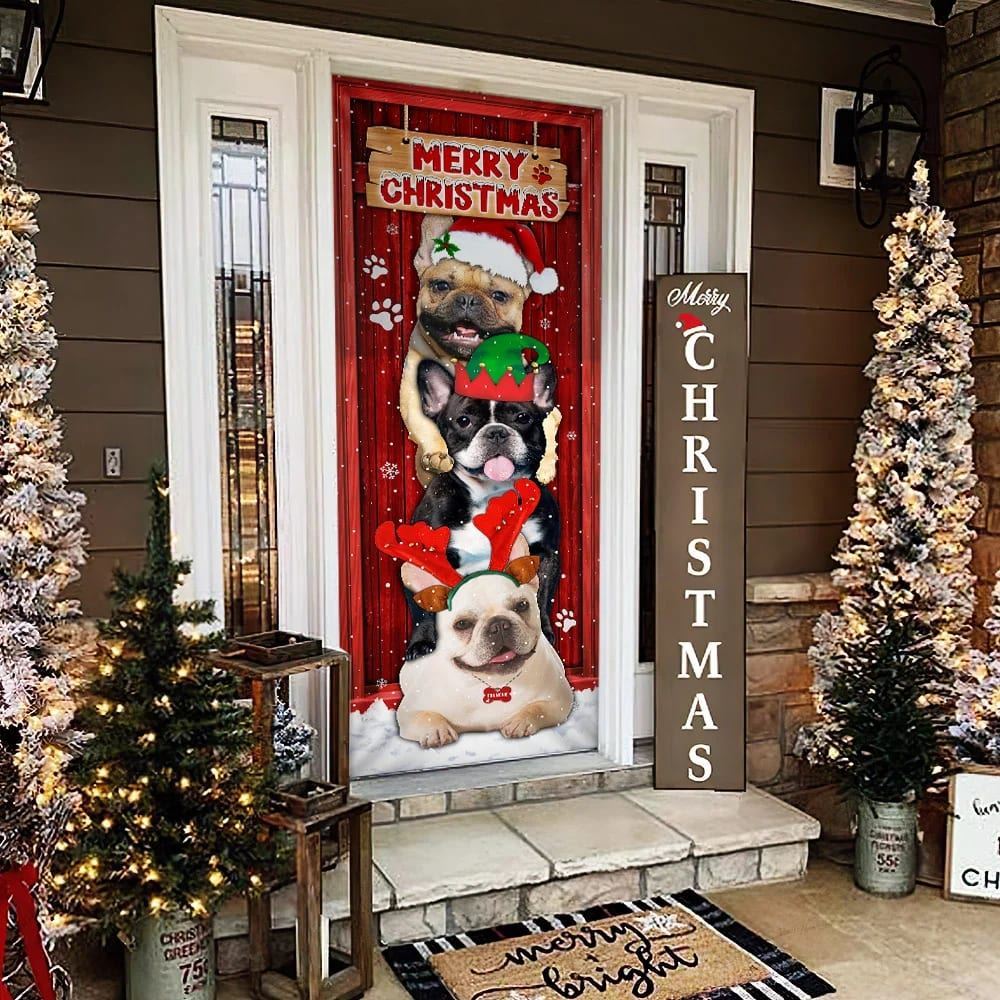 Frenchie Merry Christmas Door Cover, Christmas Garage Door Covers, Christmas Outdoor Decoration