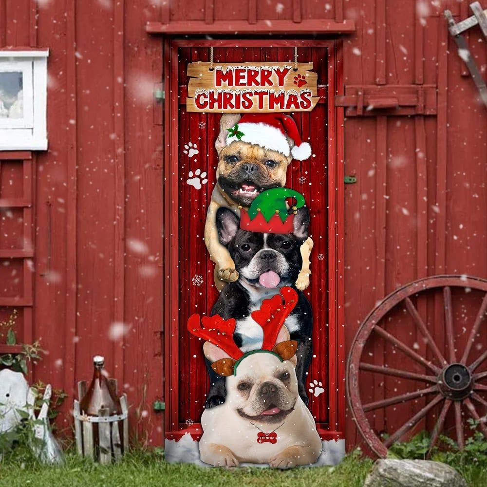 Frenchie Merry Christmas Door Cover, Christmas Garage Door Covers, Christmas Outdoor Decoration