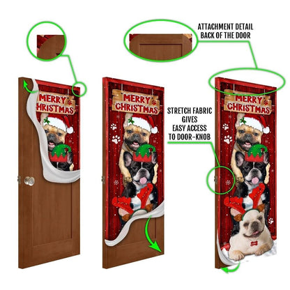 Frenchie Merry Christmas Door Cover, Christmas Garage Door Covers, Christmas Outdoor Decoration