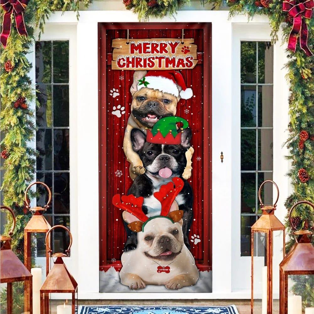 Frenchie Merry Christmas Door Cover, Christmas Garage Door Covers, Christmas Outdoor Decoration