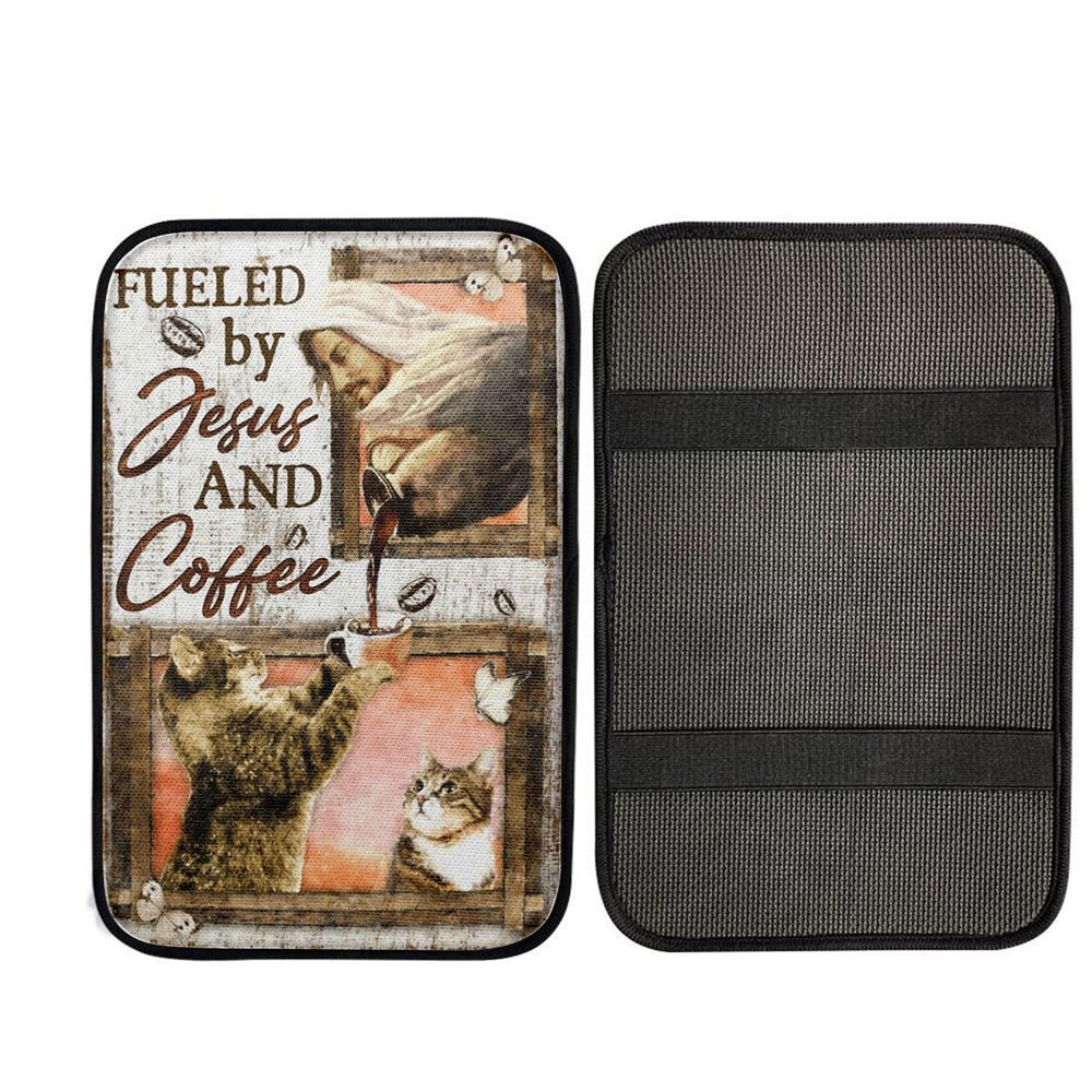 Fueled By Jesus And Coffee Cat Car Center Console Cover, Christian Car Accessories