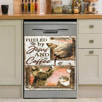 Fueled By Jesus And Coffee Cat Dishwasher Cover, Christian Dishwasher Magnet Cover, Religious Kitchen Decor