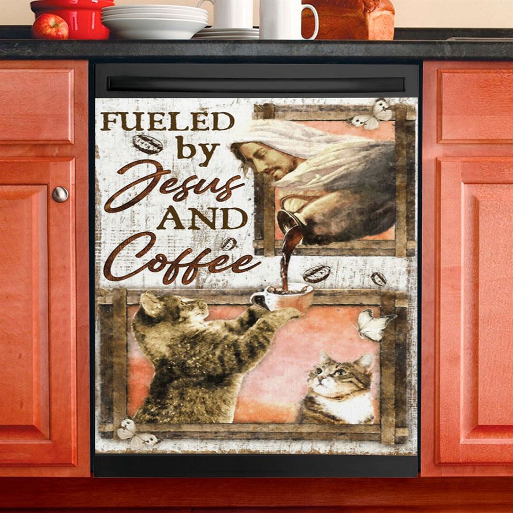 Fueled By Jesus And Coffee Cat Dishwasher Cover, Christian Dishwasher Magnet Cover, Religious Kitchen Decor