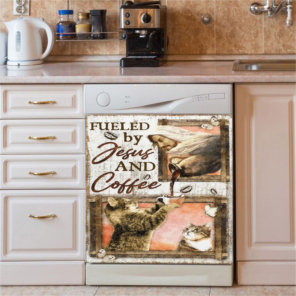 Fueled By Jesus And Coffee Cat Dishwasher Cover, Christian Dishwasher Magnet Cover, Religious Kitchen Decor