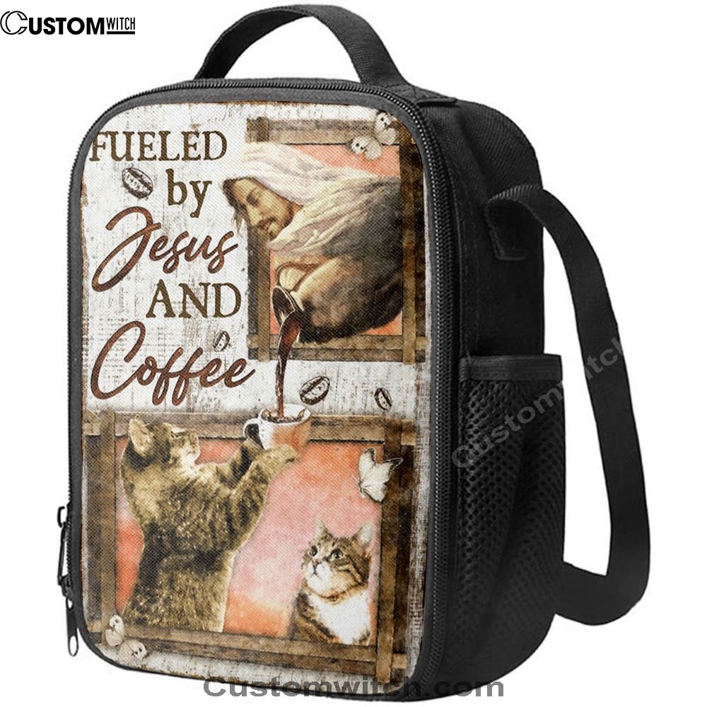 Fueled By Jesus And Coffee Cat Lunch Bag, Christian Lunch Bag, Religious Lunch Box For School, Picnic