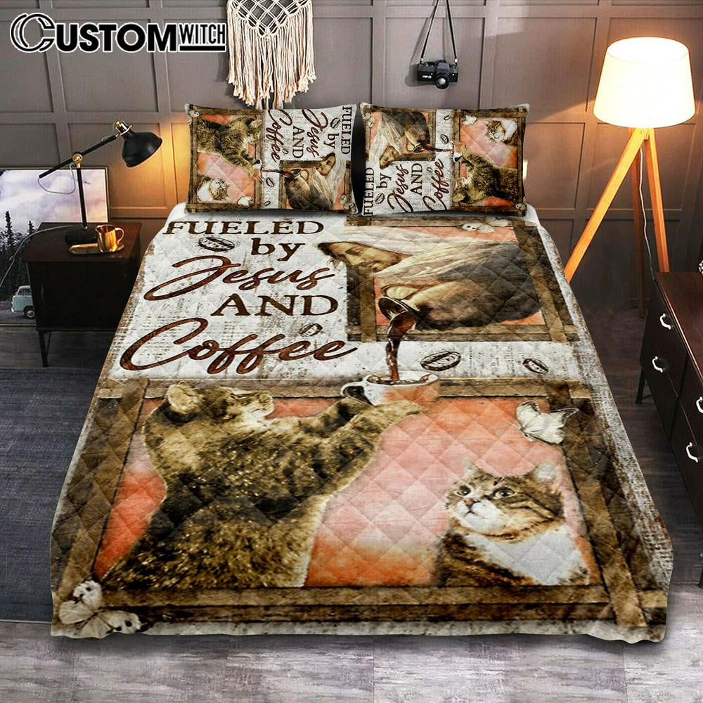 Fueled By Jesus And Coffee Cat Quilt Bedding Set Bedroom - Christian Bedroom Decor - Religious Quilt Bedding Set Prints