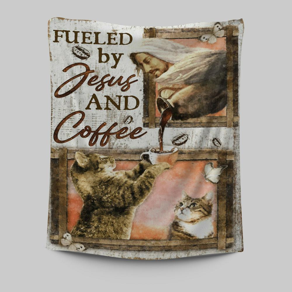 Fueled By Jesus And Coffee Cat Tapestry Wall Art - Christian Wall Art Decor - Religious Tapestries Wall Hanging Prints