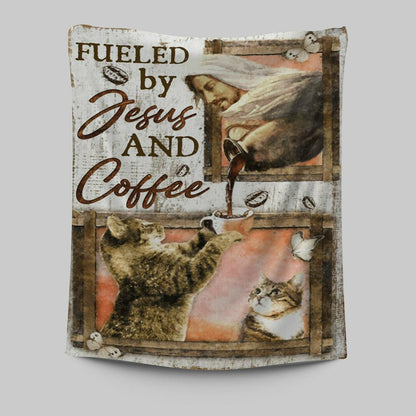 Fueled By Jesus And Coffee Cat Tapestry Wall Art - Christian Wall Art Decor - Religious Tapestries Wall Hanging Prints