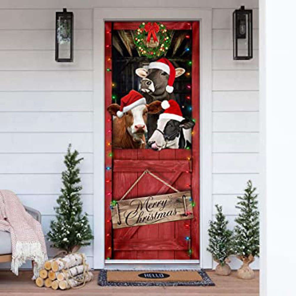 Funny Cow Merry Christmas Door Cover,Festive Cow Home Decor, Christmas Door Knob Covers, Christmas Outdoor Decoration