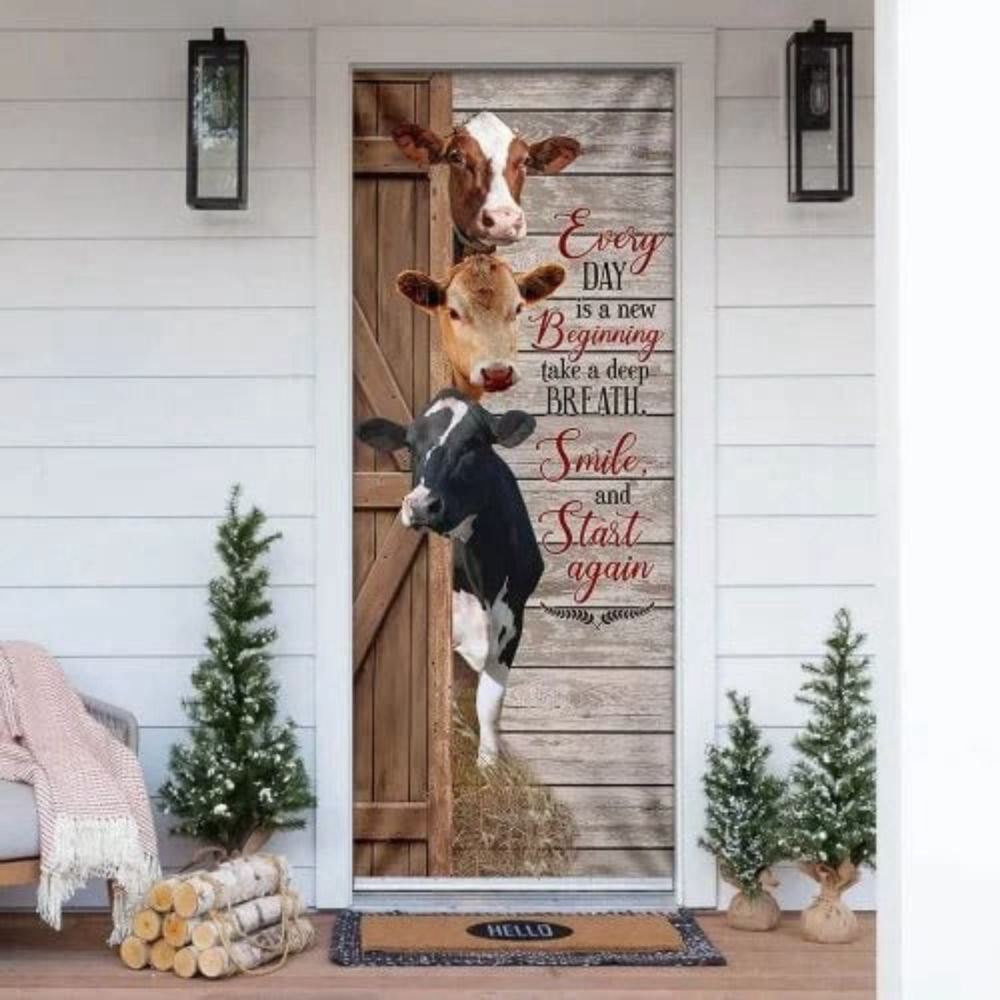 Funny Cows Everyday Is A New Beginning Door Cover For Christmas Day, Christmas Door Knob Covers, Christmas Outdoor Decoration