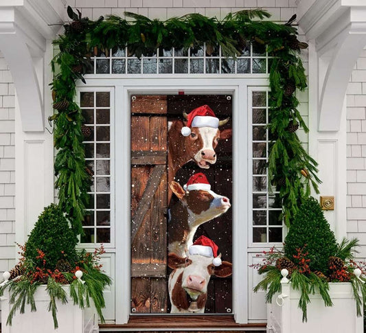 Funny Cows Merry Christmas Door Cover, Festive Santa Cow Sign, Christmas Door Knob Covers, Christmas Outdoor Decoration