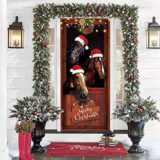 Funny Horses Merry Christmas Door Cover Decoration, Farmhouse Santa Horses Door, Christmas Door Knob Covers, Christmas Outdoor Decoration