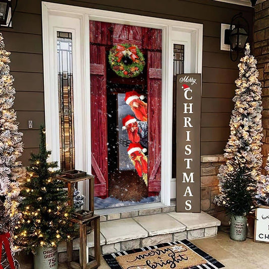 Funny Rooster Chicken Merry Christmas Door Cover, Christmas Door Knob Covers, Christmas Outdoor Decoration