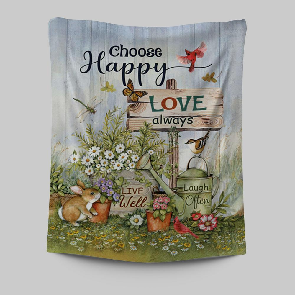 Garden Cute Rabbit Daisy Vase Tapestry- Choose Happy Love Always Tapestry Wall Art - Christian Tapestries Prints