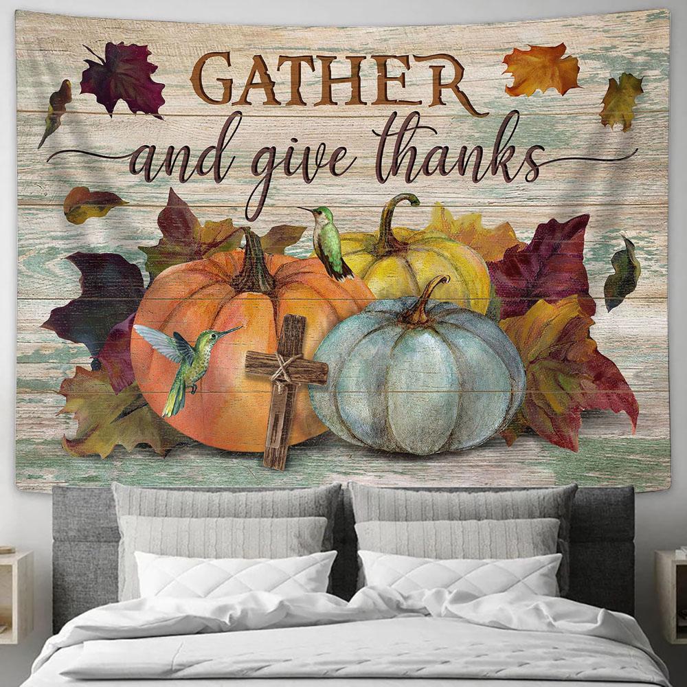 Gather And Give Thanks Pumpkin Hummingbird Wooden Cross Tapestry Wall Art - Bible Verse Tapestry - Religious Tapestry Wall Hanging