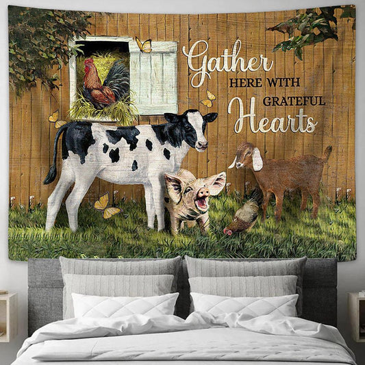Gather Here With Grateful Hearts Animal Dairy Cow Butterfly Tapestry Wall Art - Bible Verse Tapestry - Religious Tapestry Wall Hanging