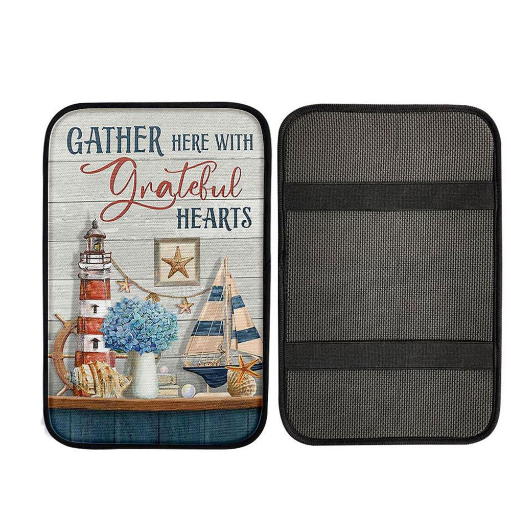 Gather Here With Grateful Hearts Lighthouse Car Center Console Cover, Religious Car Interior Accessories