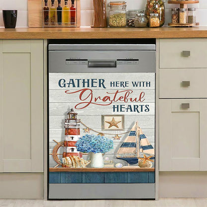 Gather Here With Grateful Hearts Lighthouse Dishwasher Cover, Bible Verse Dishwasher Magnet Cover, Christian Inspirational Kitchen Decor