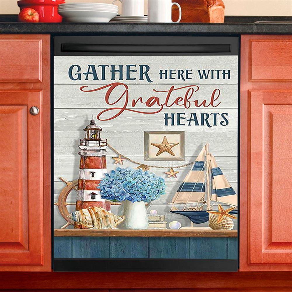 Gather Here With Grateful Hearts Lighthouse Dishwasher Cover, Bible Verse Dishwasher Magnet Cover, Christian Inspirational Kitchen Decor