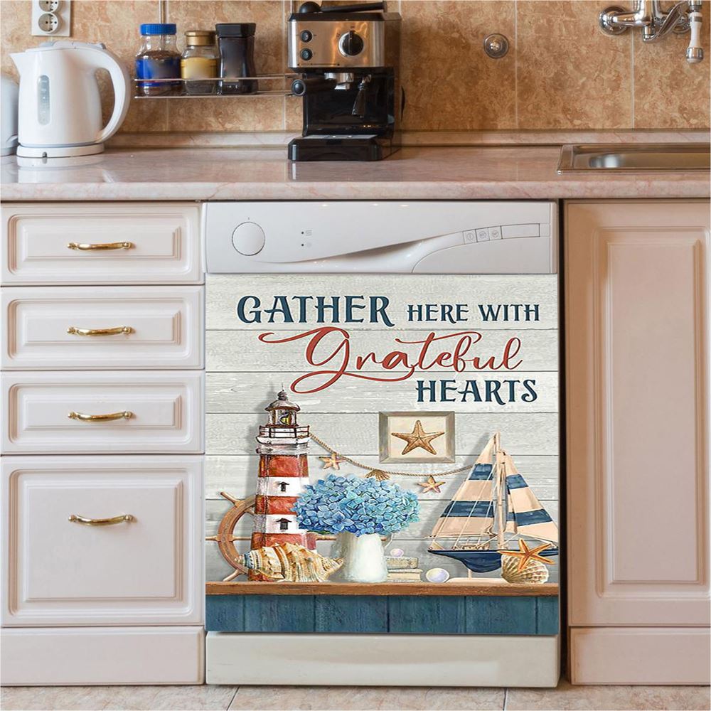 Gather Here With Grateful Hearts Lighthouse Dishwasher Cover, Bible Verse Dishwasher Magnet Cover, Christian Inspirational Kitchen Decor