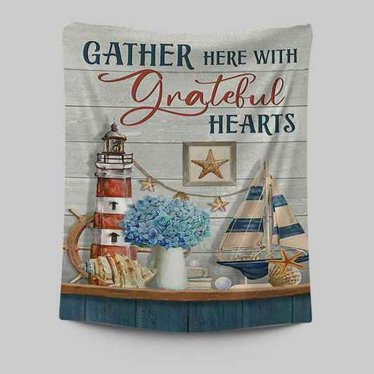 Gather Here With Grateful Hearts Lighthouse Tapestry Art - Bible Verse Wall Art - Christian Inspirational Wall Decor