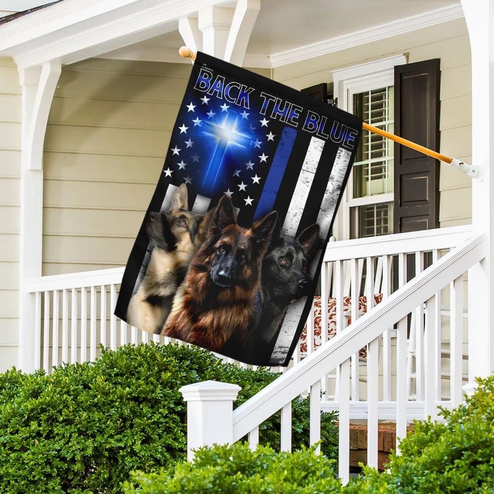 German Shepherd Back The Blue Christian Cross House Flags, Christian Flag, Scripture Flag, Garden Banner